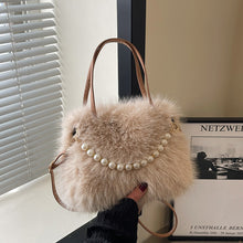 Load image into Gallery viewer, Women's Furry Tote Bag with Pearl Chain Shoulder Strap - Soft Faux Fox Fur Square Handbag