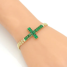 Load image into Gallery viewer, Clear Green CZ Cross Gold Adjustable Bracelet, Sku#B367