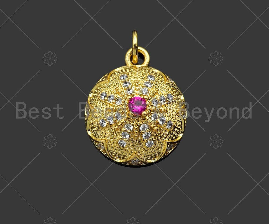 Gold Filled CZ Micro Pave Flower Pattern On Round Shape Pendant, 18K Gold Filled Fuchsia CZ Charm, Necklace Bracelet Pendant,mm,Sku#LK346