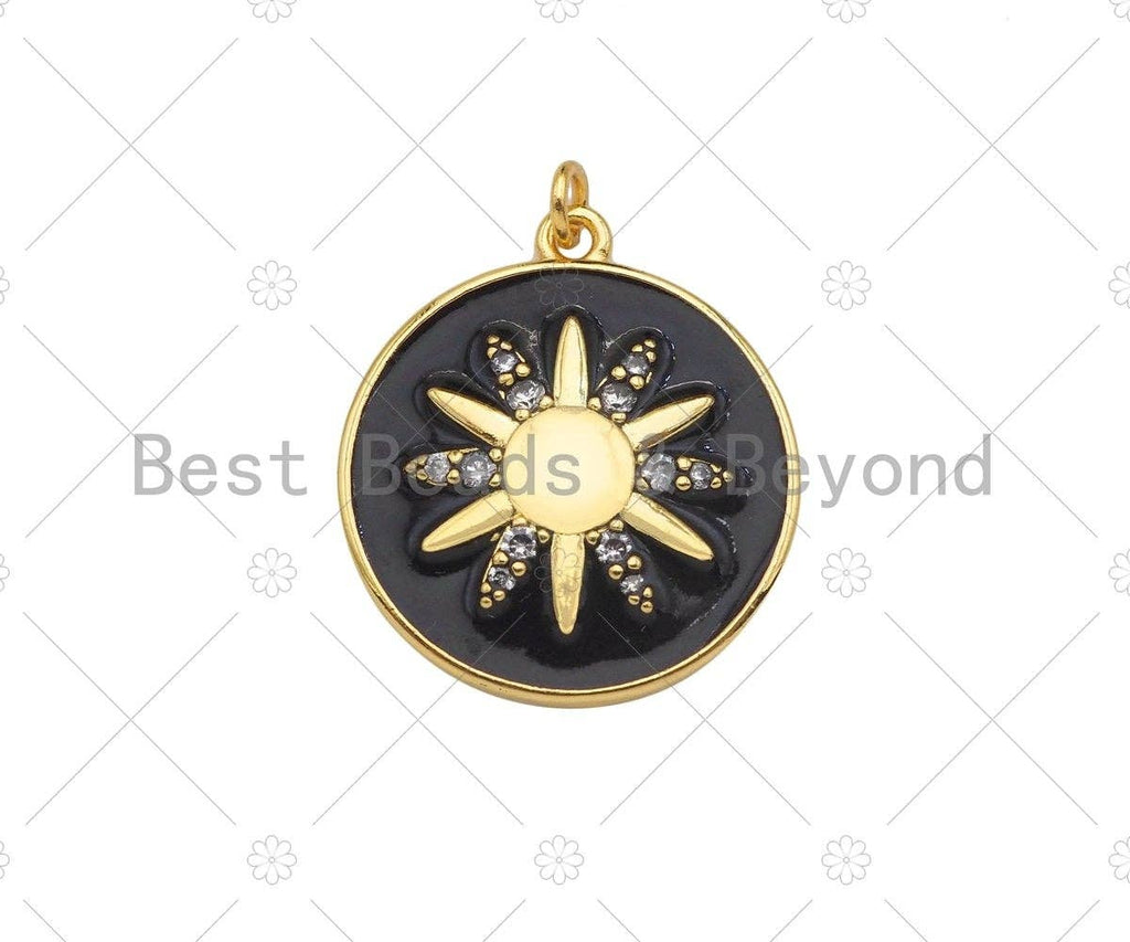 18K Gold Sunflower On Black White Enamel Round Coin Shape Pendant,CZ Micro Pave Enamel Medallion Charm, Enamel Jewelry, 24x21mm,Sku#B132