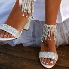 Load image into Gallery viewer, Women's Rhinestone Chunky Heel Sandals | Chain Strap Peep Toe Heels
