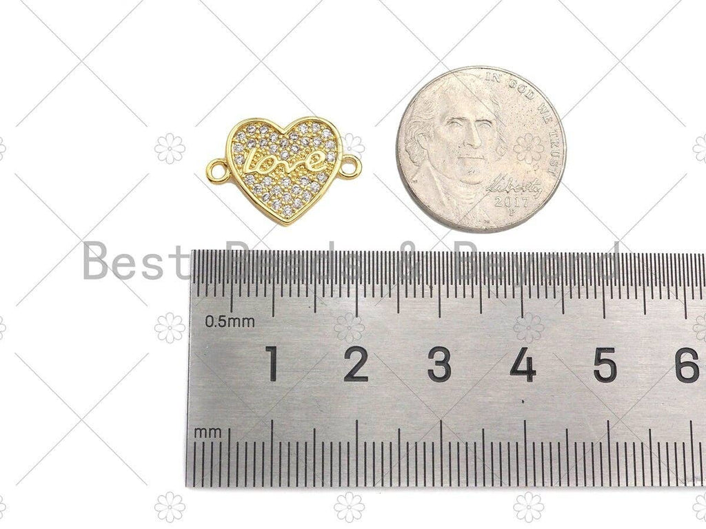 CZ Micro Pave Love Word On Heart Shape Connector, Cubic Zirconia Heart Connector Beads, 18K Gold Bracelet Connector, 14x19mm, Sku#LK314