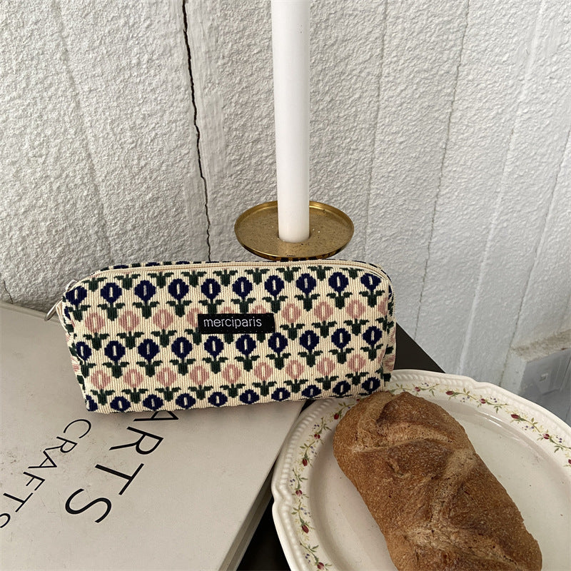 Corduroy Pencil Case Makeup Bag - Korean Style Retro Floral Canvas Pouch for Students