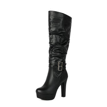 Load image into Gallery viewer, Women's Black Chunky Heel Over-the-Knee Boots - Waterproof Platform High Boots with Side Zipper