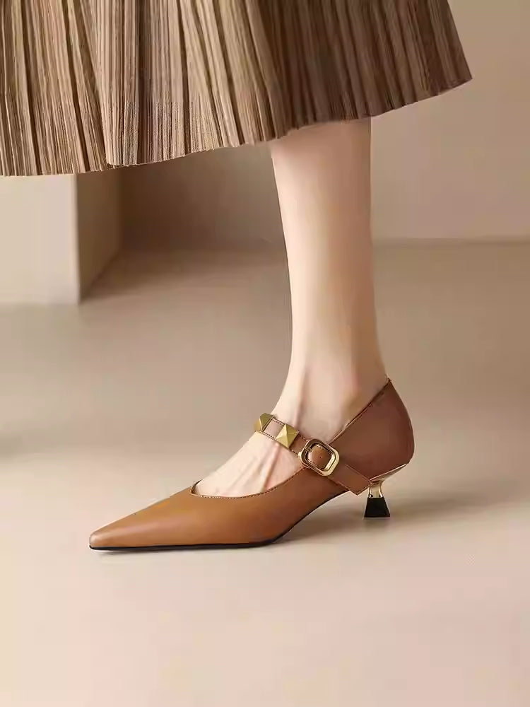 Women's Pointed-Toe Stud Heels | Single-Strap Buckle Flats with Rivet Detail