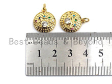 Load image into Gallery viewer, CZ Colorful Micro Pave Round  Gold With Evil Eye Coin Pendant, Coin Shaped Pave Pendant, Gold plated, 15x17mm, Sku#F866
