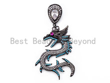 Load image into Gallery viewer, CZ Micro Pave Dragon Pendant, Cubic Zirconia Pendant, Turquoise/Silver/Fuchsia/Violet/Cobalt, 37x70mm, SKU#F318