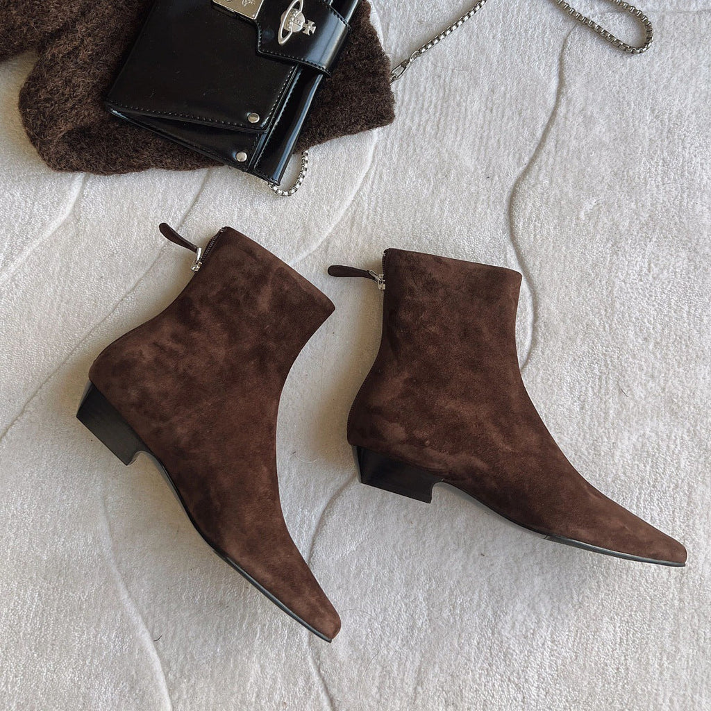 Women's Slim-Fit Ankle Boot | Square Toe Chunky Heel | Suede Upper Back Zipper
