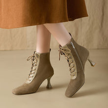 Load image into Gallery viewer, Retro Square-Toe Short Boots Women's Stiletto Heel PU Leather – Brown &amp; Apricot