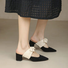 Load image into Gallery viewer, Women's Chunky Heel Pointed Toe Slip-On Heels with Bow | French Style Block Heels