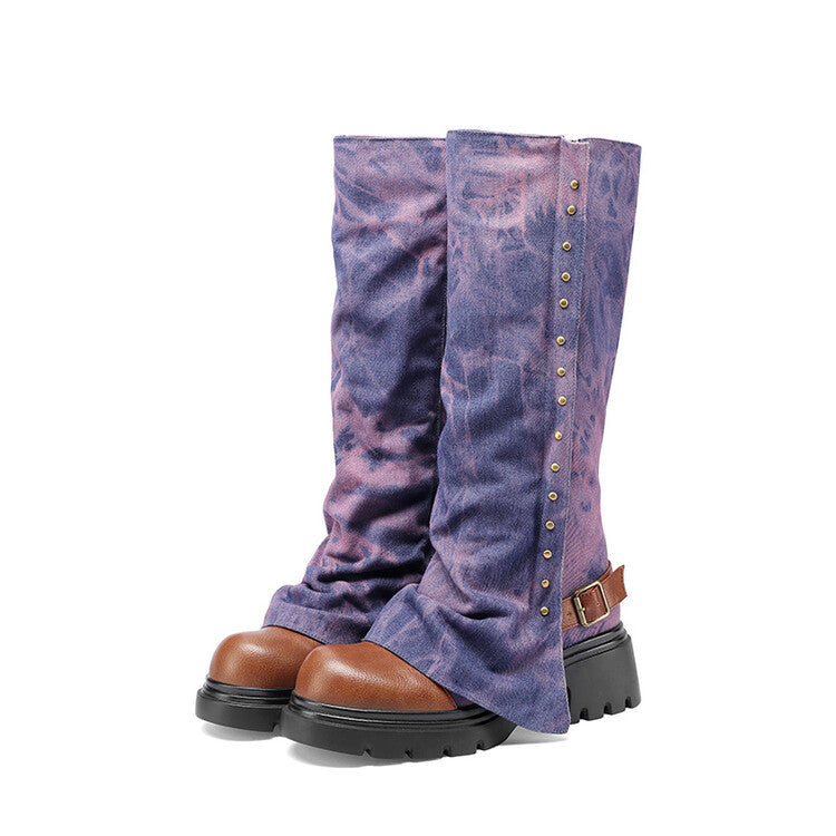 Women's Round Toe Studded Chunky Platform Boots | Low-Top Slip-On | Dark Blue, Purple, Green