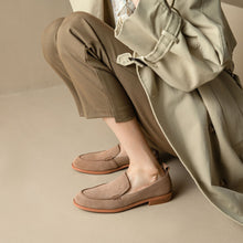 Load image into Gallery viewer, Women's Slip-On Suede Flats | Chunky Low Heel Round Toe Shoes | Army Green &amp; Apricot