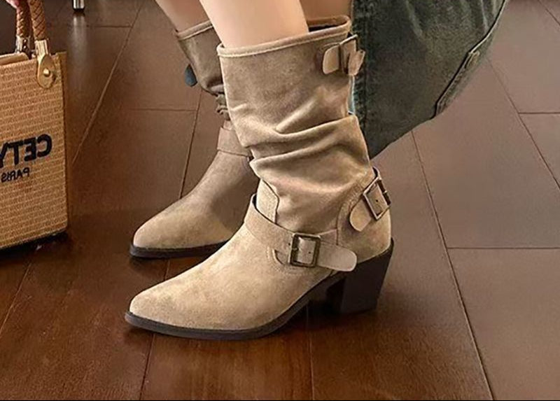 Women's Chunky Heel Pleated Suede Booties | Buckle Strap High Shaft Boots