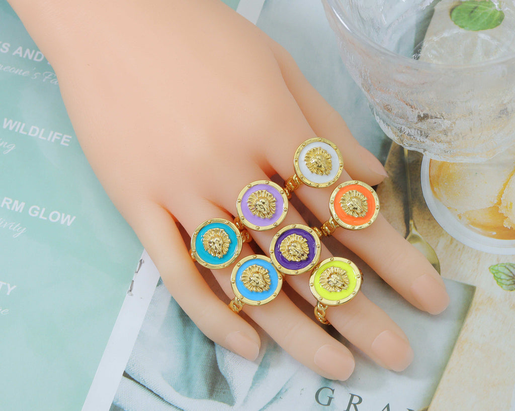 Enamel Lion Head Adjustable Ring, Sku#X297