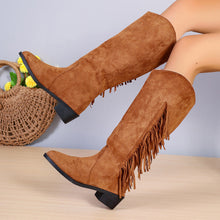 Load image into Gallery viewer, Women's Pointed-Toe Low-Heel Suede Long Boots – Slip-On Tassel Ankle Boots