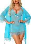 RSLOVE Women Sexy Lingerie Set 3 Piece Babydoll & Lace Kimono Robe Strap Chemise Sleepwear Mesh Nightgown