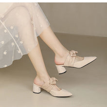 Load image into Gallery viewer, Women's Chunky Heel Pointed Toe Slip-On Heels with Bow | French Style Block Heels