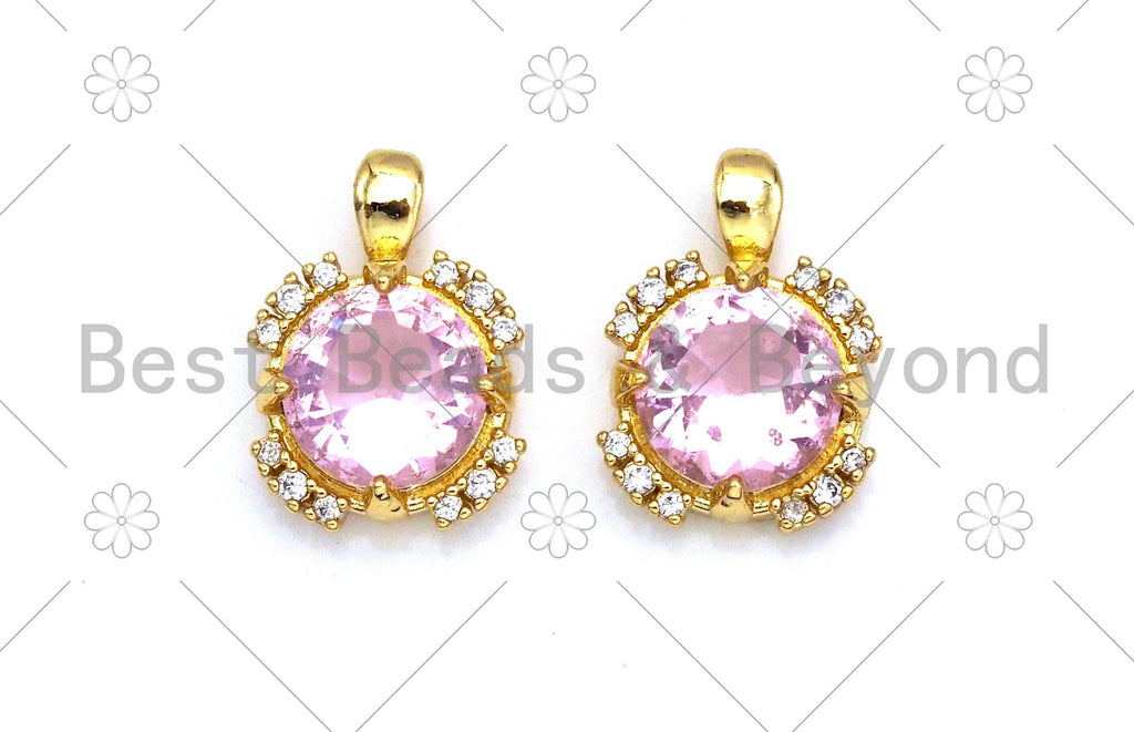 Pink CZ Micro Pave Cute Round Shape Pendant, 18K Gold Filled Round CZ Charm, Big CZ Pave Pendant, 11x15mm, Sku#LK372