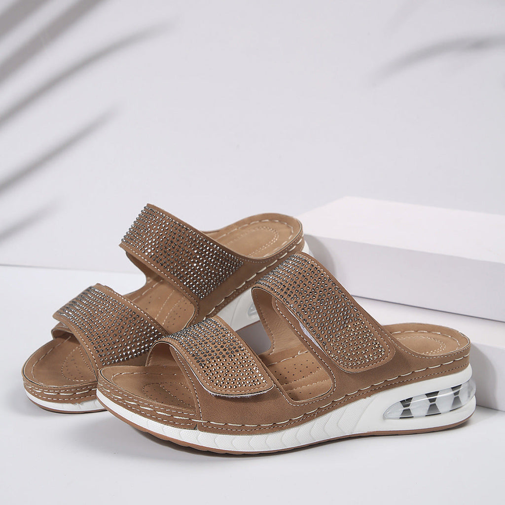 Women's Air Cushion Wedge Sandals – Rhinestone Embellished Beach Slides with Non-Slip Wedge Sole