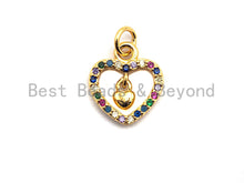Load image into Gallery viewer, CZ Colorful Micro Pave Hollow Heart With Little Dangle Heart Pendant, Heart Shaped Pave Pendant, Gold plated, 12x14mm, Sku#F826