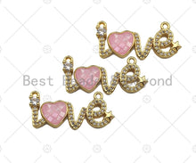 Load image into Gallery viewer, CZ Micro Pave Pink Mother of Pearl Heart On Love Shape Pendant, Cubic Zirconia Love Heart Pendant, Gold Tone pendant, 12x27mm, sku#LK176