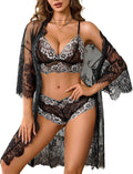 Avidlove Women 3 Piece Lingerie Set Lace Robe Bra Panty Mesh Sleepwear