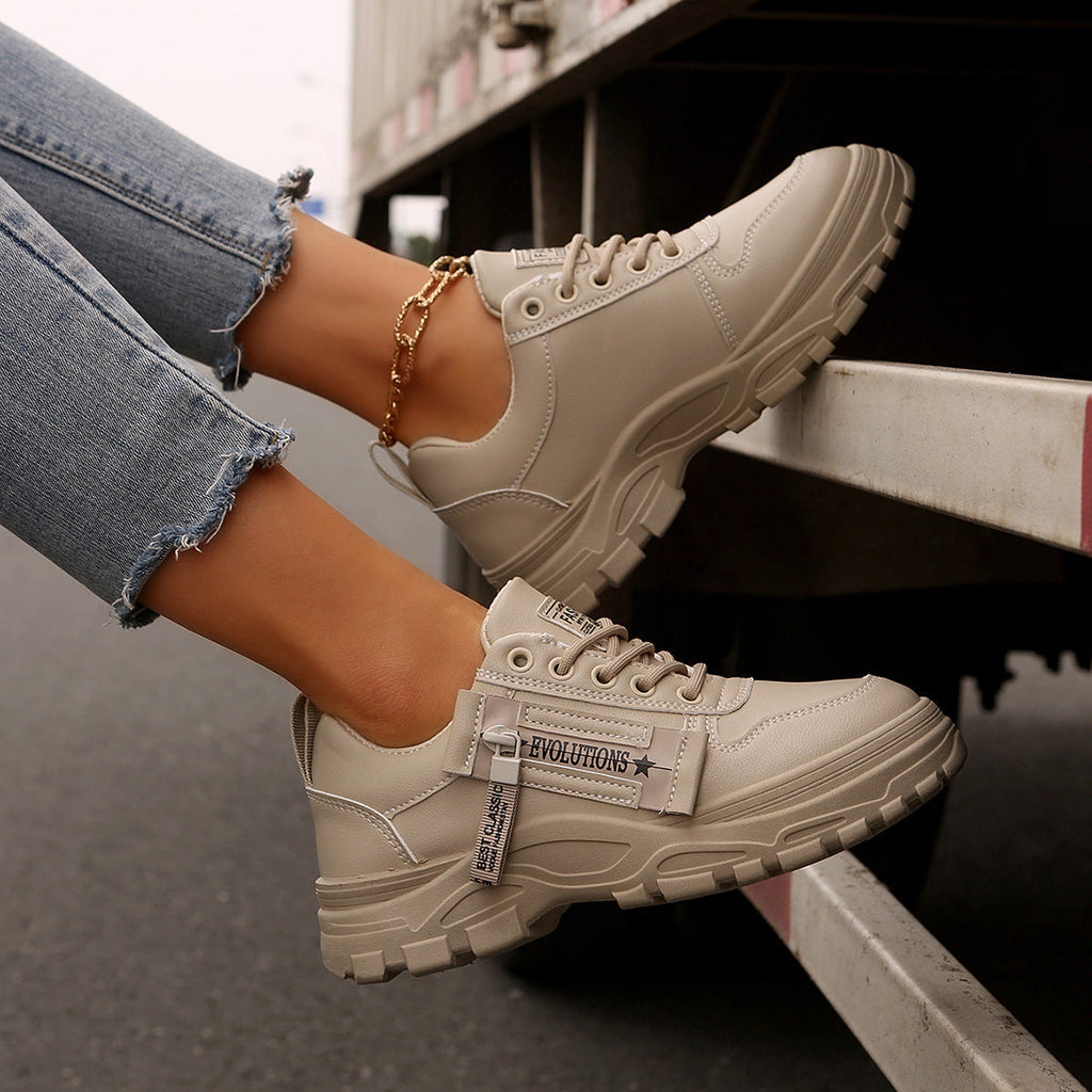 Women's Lace-Up Sneakers with Side Zipper | Thick Sole Round Toe Casual Sports Shoes