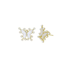 Load image into Gallery viewer, CZ Gold White Pearl Enamel Butterfly Stud Earrings, Sku#LD534