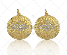 Load image into Gallery viewer, 18K Gold Finish Evil Eye On Round Coin Shape Pendant, Round Charm, Evil Eye Pave Pendant, Gold plated, 20mm, Sku#LK62