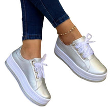 Load image into Gallery viewer, Women's Ribbon Lace-Up Platform Sneakers | PU Leather Round-Toe Flats