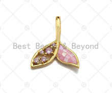Load image into Gallery viewer, Cute Shark Tale Pink Pendant/Charm, Pink Mother-of-pearl  Pendant, Cubic Zirconia Pendant, Gold Tone, 18x21mm, Sku#LK69