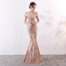 Load image into Gallery viewer, Off the Shoulder Gown Long Fish Tail Sequined Evening Dress Slim Fit Slimming Dress