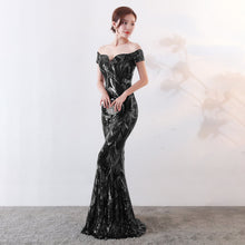Load image into Gallery viewer, Off the Shoulder Gown Long Fish Tail Sequined Evening Dress Slim Fit Slimming Dress