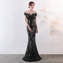 Load image into Gallery viewer, Off the Shoulder Gown Long Fish Tail Sequined Evening Dress Slim Fit Slimming Dress
