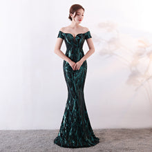 Load image into Gallery viewer, Off the Shoulder Gown Long Fish Tail Sequined Evening Dress Slim Fit Slimming Dress