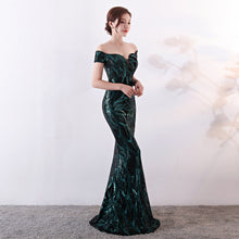 Load image into Gallery viewer, Off the Shoulder Gown Long Fish Tail Sequined Evening Dress Slim Fit Slimming Dress