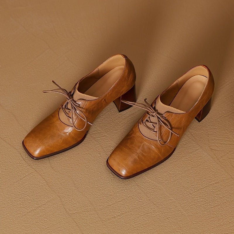Women's British-Style Square Toe Chunky Heel Pumps | Deep Vamp | Wool Leather Upper