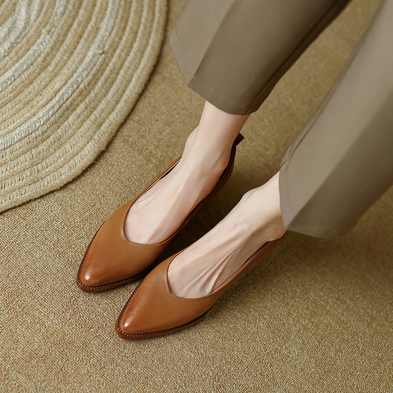 Women's Sheepskin Chunky Heel Slip-On Shoes | Pointed Toe Low Heels