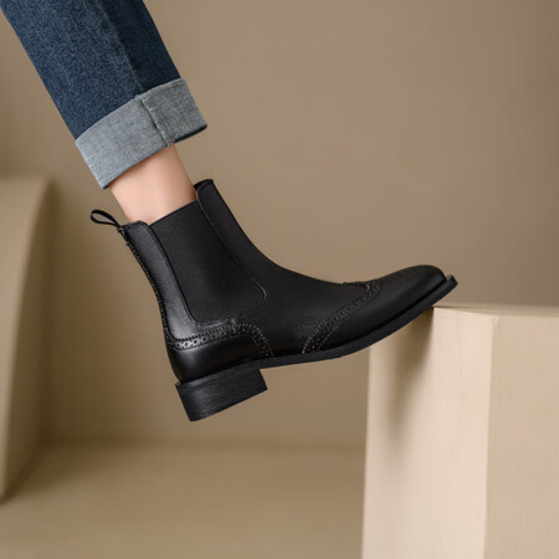 Women's Full-Grain Leather Ankle Boots | Chunky Heel British-Style Mid-Calf Boot