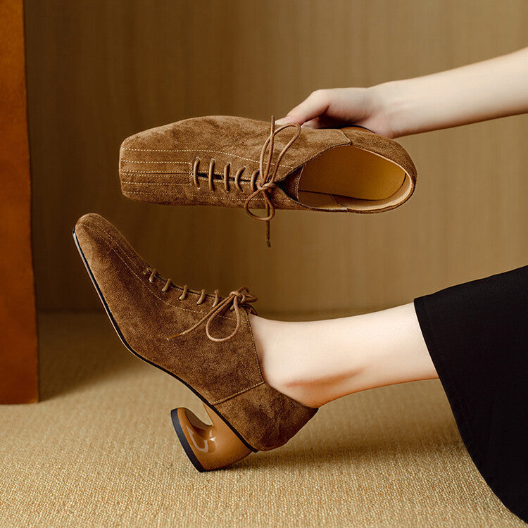 Women's Retro Sheepskin Chunky Heel Square Toe Pumps | Lace-Up Mid Heel Shoes