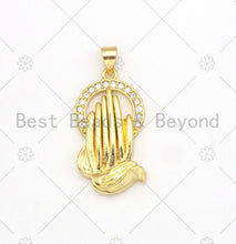Load image into Gallery viewer, CZ Micro Pave Hand With Round Ring Shape Pendant/Charm,18K Gold Filled Hand Charm, Necklace Bracelet Charm Pendant,15x28mm,Sku#LK376