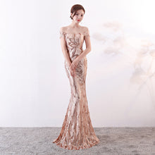 Load image into Gallery viewer, Off the Shoulder Gown Long Fish Tail Sequined Evening Dress Slim Fit Slimming Dress