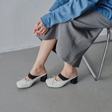 Load image into Gallery viewer, Women's Washed Cowhide Leather Ballet Mule Block Heel Sandals | Elastic Strap Open-Back Heels