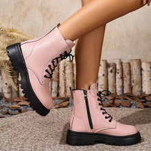 Load image into Gallery viewer, Women's Lace-Up Ankle Combat Boots | Low Heel PU Leather | Khaki Pink Brown