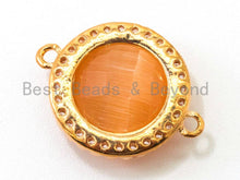 Load image into Gallery viewer, Round Bezel Connector with Cat's Eye Stone, Gold Plated CZ Micro Pave Frame Connector, Cat's Eye /Topaz /White/Rose pink 14x19mm, sku#A77