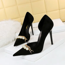 Load image into Gallery viewer, Women's Pearl-Embellished Metallic Chain Pointed-Toe Pumps - Elegant Side-Cutout Heels