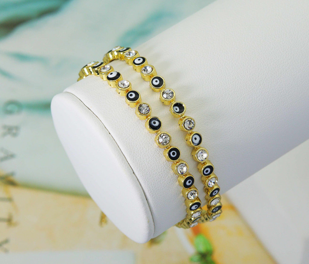 Round CZ and Enamel Evil Eye Adjustable Bracelet with Extender, Sku#LD288