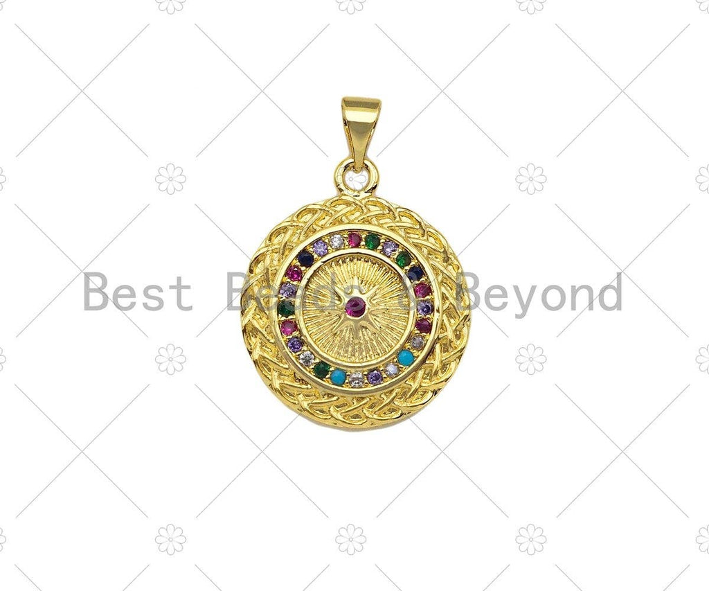 Colorful CZ Micro Pave North Star On Round Coin Shape Pendant,Dainty Gold Medallion Charm,Necklace Bracelet Charm Pendant,19x23mm, Sku#LK223