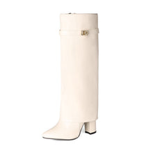 Load image into Gallery viewer, Women's Pointed-Toe High-Shaft Mid-Calf Boots with Metal Buckles | Chunky Heel Side Zipper