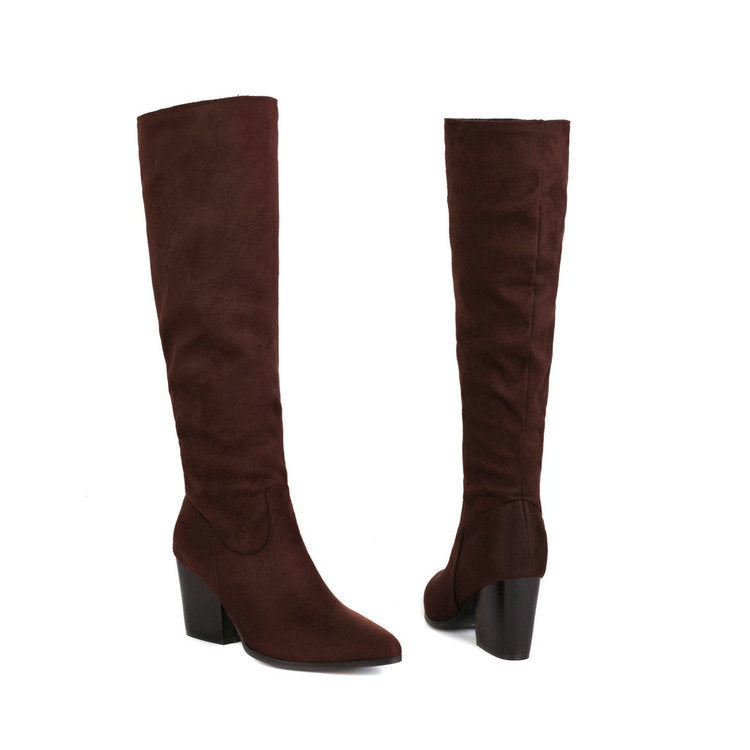 Women's Suede High-Top Boots – Chunky Heel, Pointed Toe, Side Zipper | Sarah Express